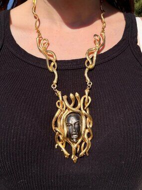 Vintage 1980s Kenneth Jay Lane KJL Medusa Snake Pendant Necklace SIGNED